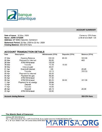 Realistic Cameroon The Atlantic Bank of Cameroon 5 bank statement word example